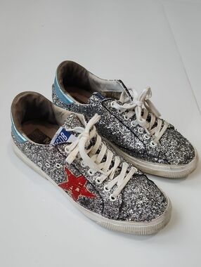 Golden Goose Silver Glitter Sneakers with Red Star Accent
